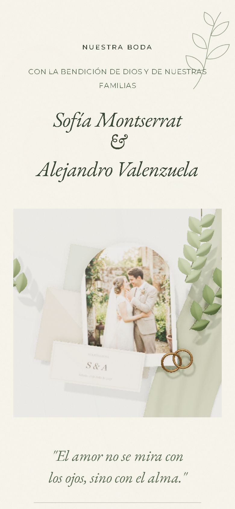 La misma invitación con la colección Herbario: hojas grabadas y la foto enmarcada en un arco.