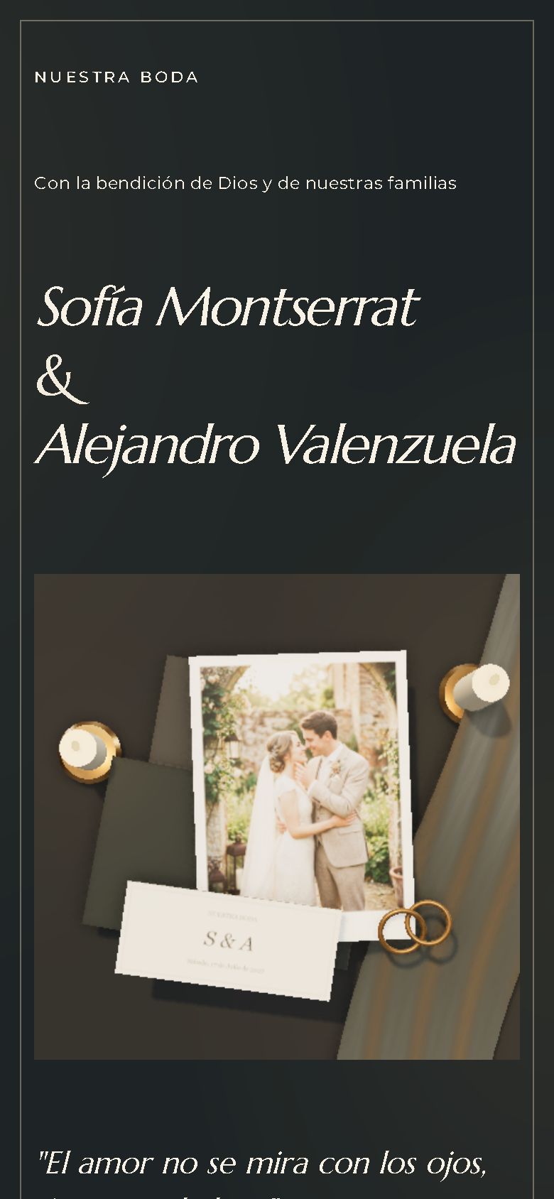 La misma invitación con la colección Nocturno: fondo de tinta, velas y letras claras.